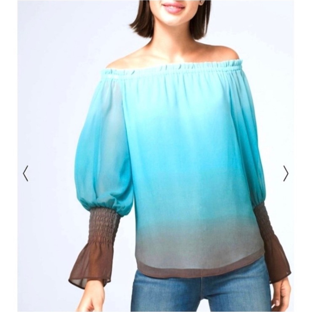 White House Black Market Blue and Green Smocked Off-Shoulder Blouse